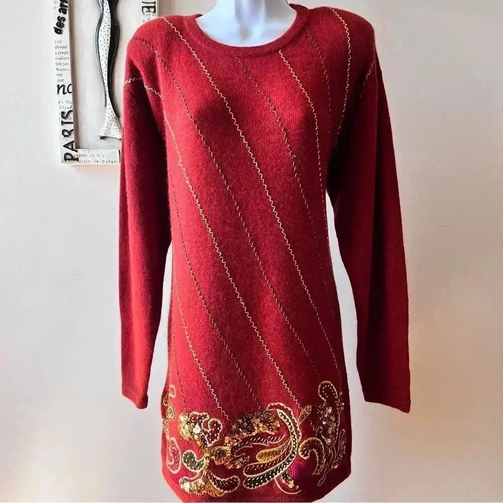 Vintage 80s Marisa Christina Collection Lambswool Sequin Sweater Mini Dress Sz M
